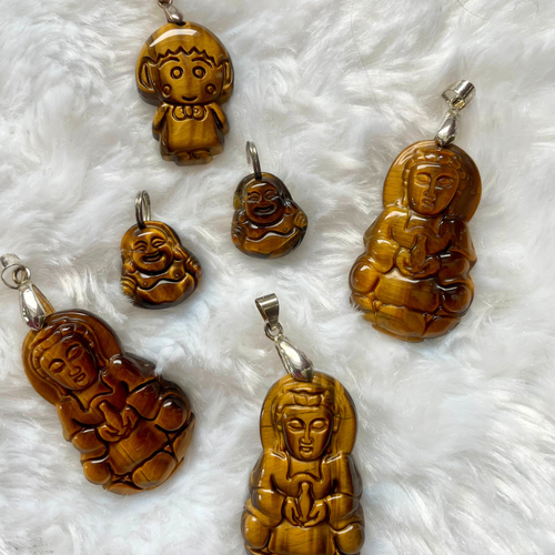 Oeil de tigre - Pendentifs bouddha et petite fille
